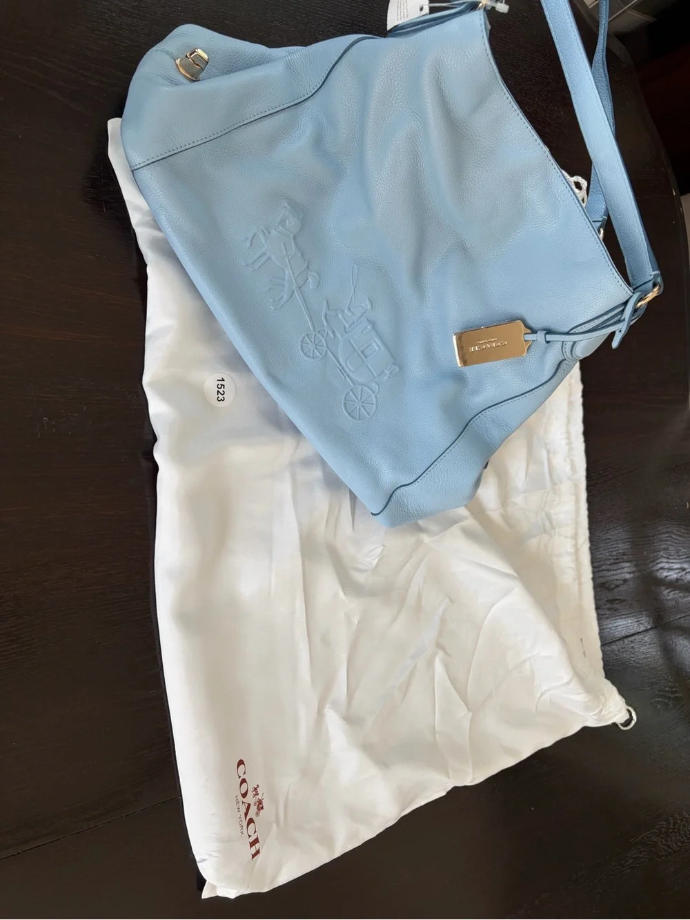 Coach Light Blue Pebble Leather Shoulder Bag with Embossed Horse & Carriage
